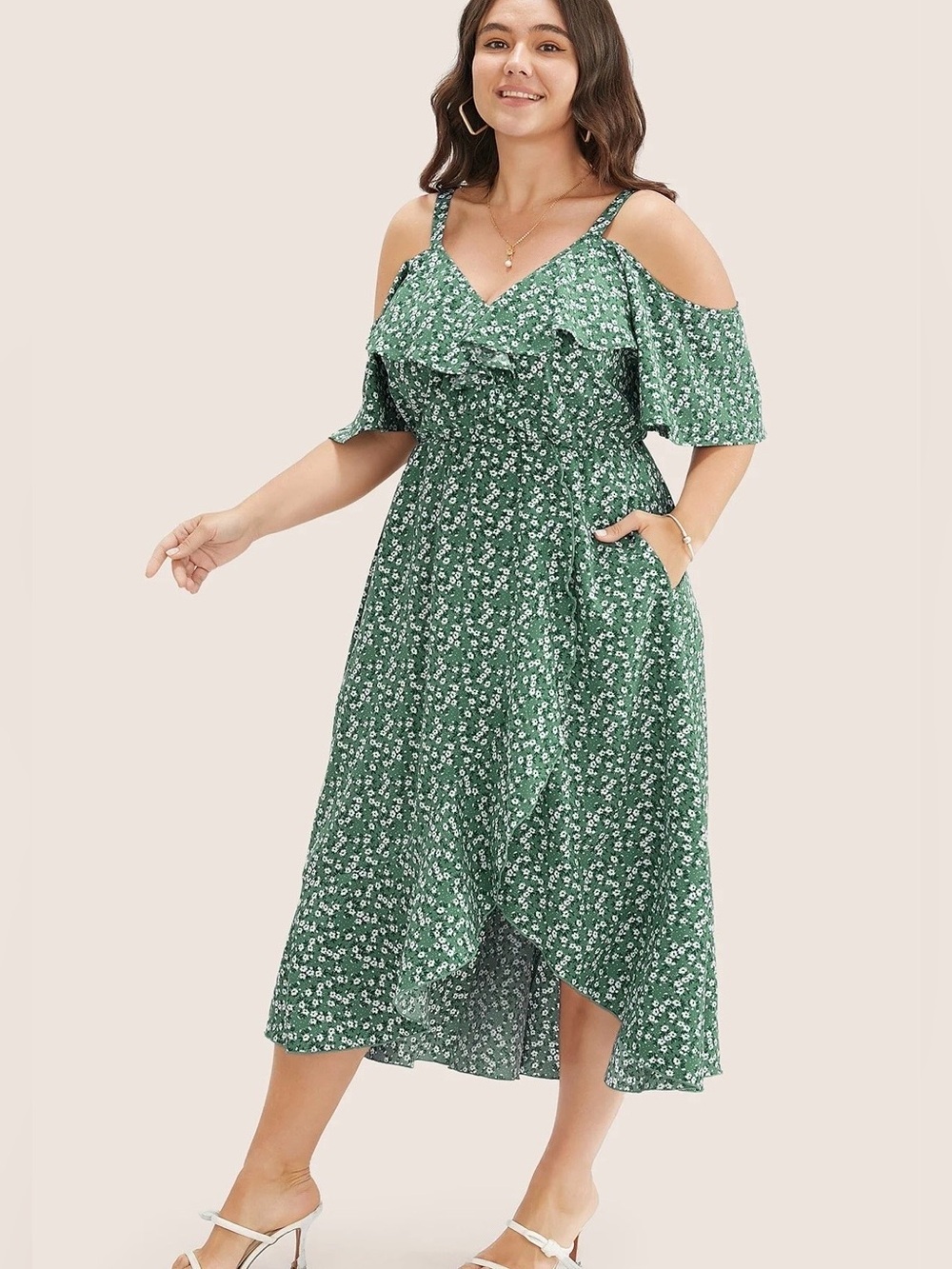 NWT! BloomChic Ditsy Floral Pocket Wrap Cold Shoulder Ruffle Dress Size 2X - Picture 4 of 4